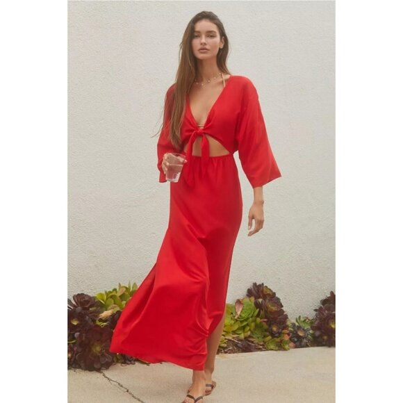 By Anthropologie Tie-Front Cover-Up Dress V Neck Red Long Slit Midi XXS - Picture 1 of 11
